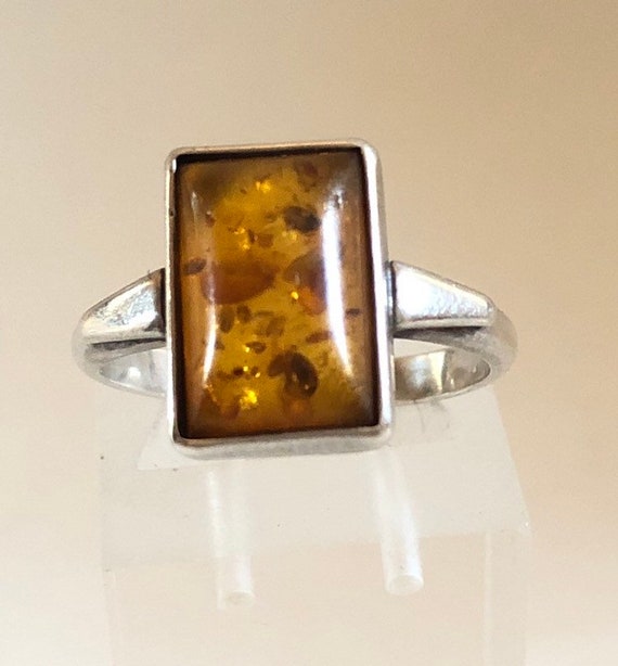Bague Vintage En Argent Massif Avec Ambre - Taille 62, Anneau T62, Occasion