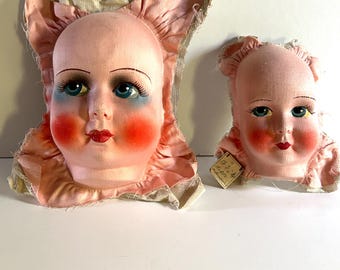 Two Antique Boudoir Fabric Doll Heads Never Used 1900s
