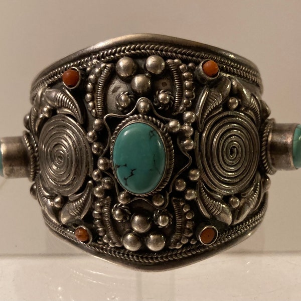 Beau bracelet Navajo ancien argent et turquoise manchette amérindien Unisexe