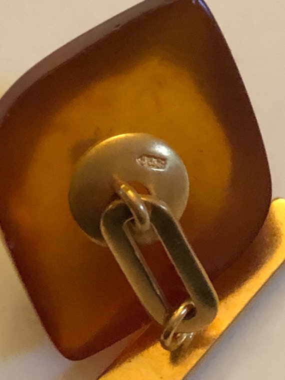 Boutons De Manchette Anciens Plaqués Or Jaune Avec Pierre De Couleur Ambre - Occasion En Très Bon état