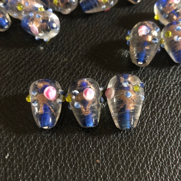 40 Perles Verre de Murano forme goutte bleues et dorées Anciennes