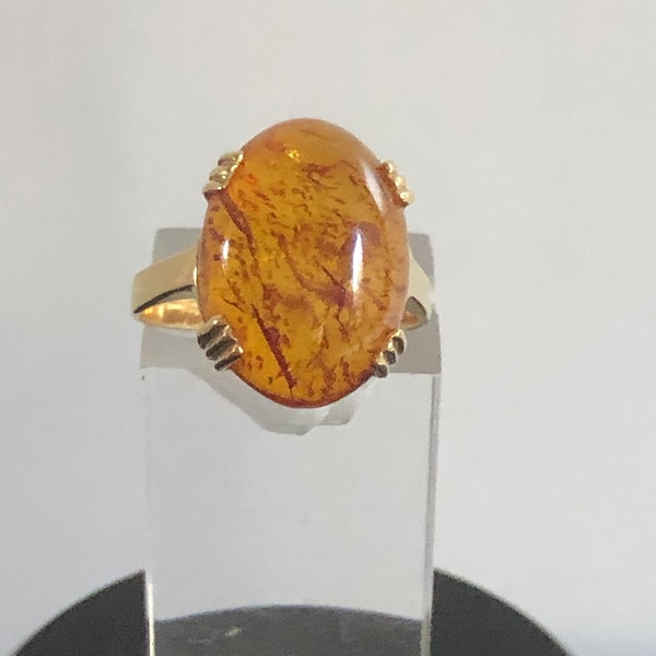 Belle Bague Ancienne Or 18 Carats Gros Cabochon Ambre Années 50