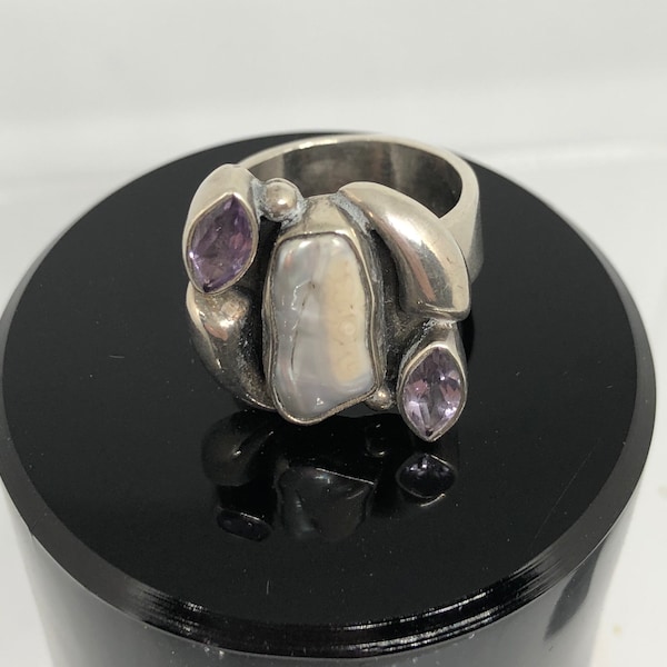 Bague argent 925 nacre et pierres violettes