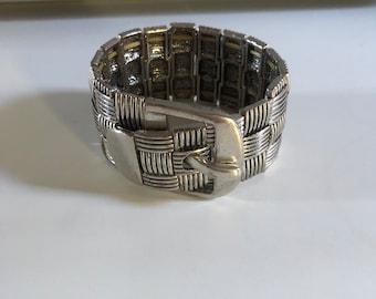 Vintage Chunky Elastic Silver Belt Buckle Bracelet