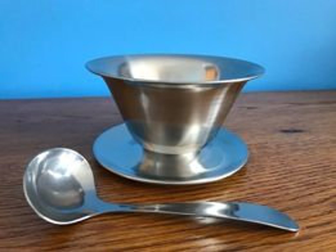 Stainless Steel Gravy Boat Bowl with Attached Saucer and Ladle Etsy
