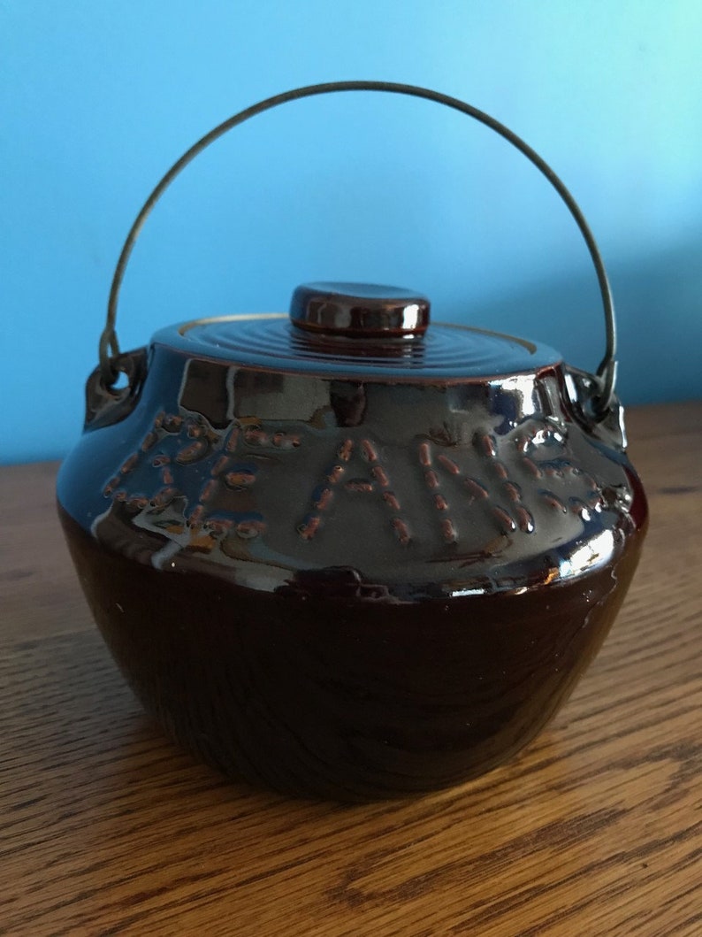 Vintage Brown Stoneware Bean Pot With Lid and Wire Handle Etsy