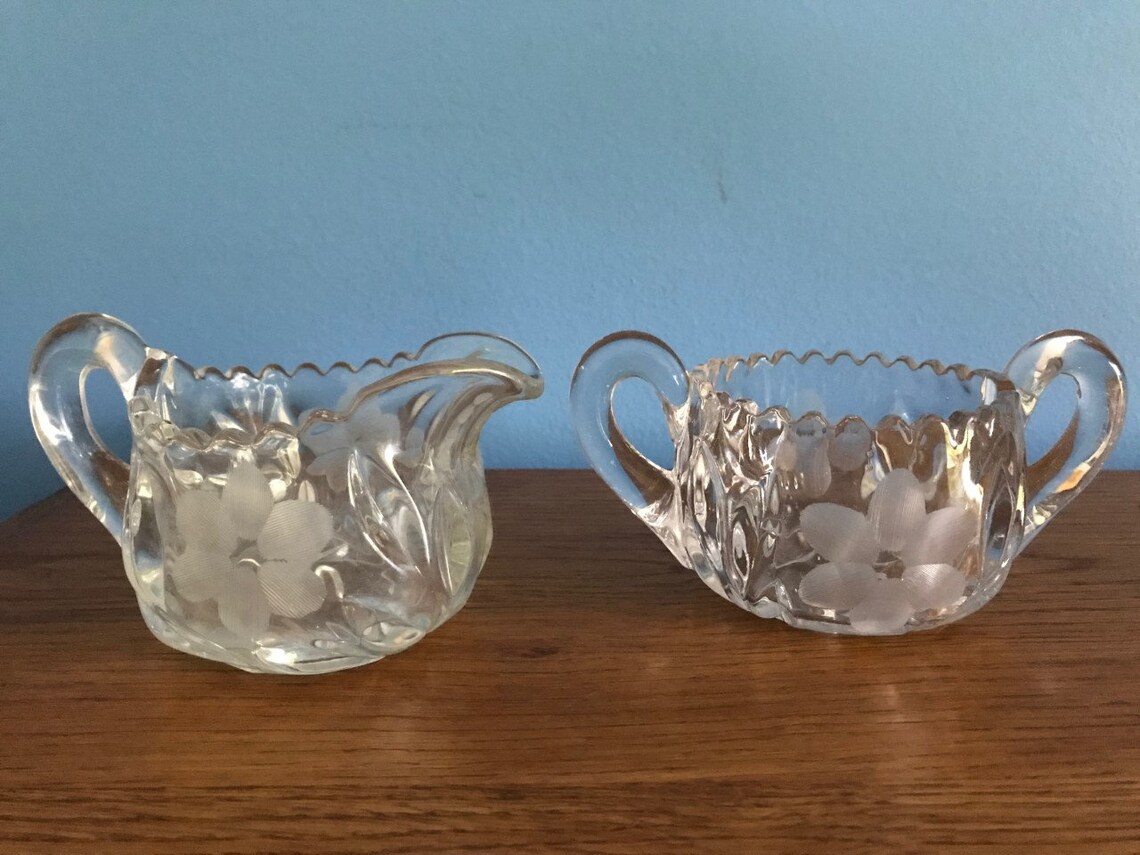 Vintage Crystal Open Sugar Bowl and Creamer Set With Etched Etsy