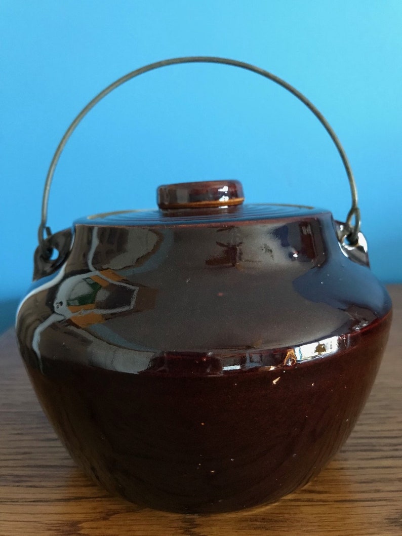 Vintage Brown Stoneware Bean Pot With Lid and Wire Handle Etsy