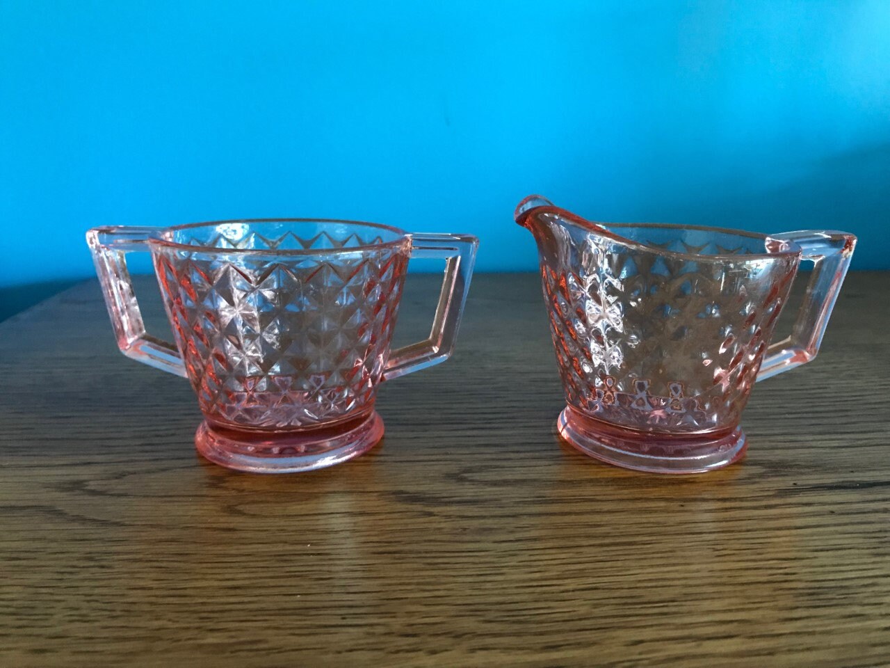 Pink Depression Glass Creamer and Sugar Pattern Diamond Etsy Canada