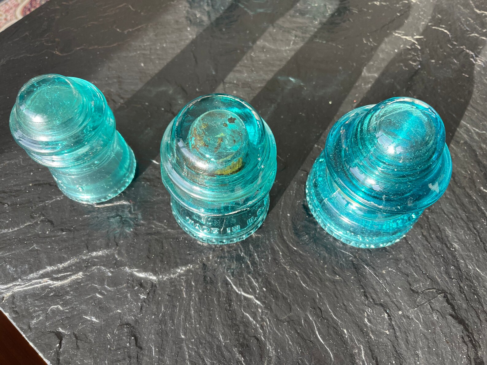 Antique Glass Insulator Set of Three in Aqua Blue by Hemingray No. 20