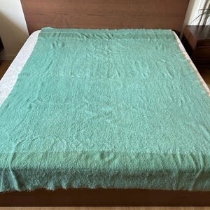 May include: A soft, green throw blanket is laid out on a bed. The blanket is made of a fuzzy material and has a slightly textured surface.
