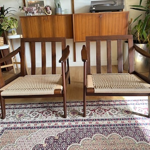 Vintage walnut and Paper Cord Armchair Set of Two in the style of Hans Wegner, 1960s-1970s