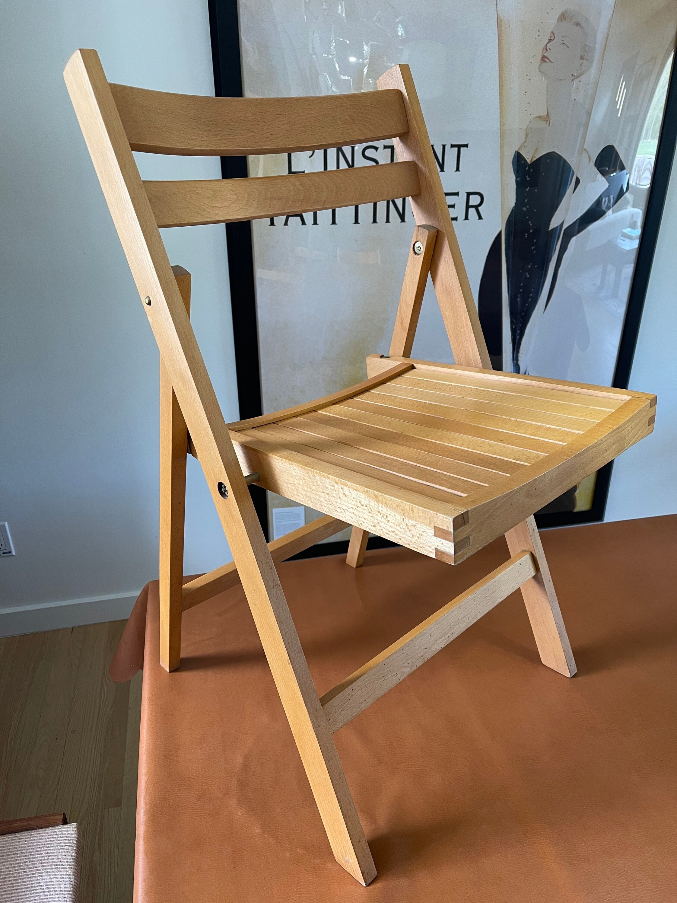 Vintage Mid Century Modern Folding Chair: Scandinavian Maple with Brass