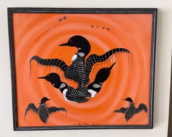 Vintage Framed Loon Painting: Inuit Art by Garry Mantla, 1988