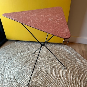 Midcentury Terracotta Atomic Triangle Tripod Folding Side Table - Made in France