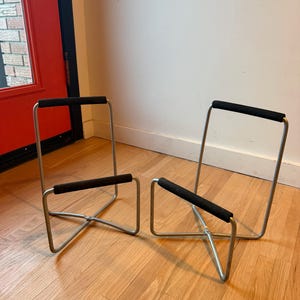 Vintage 1980s IKEA Kompass Tubular Aluminum Speaker Stands - Pair - Minimalist Space Age Folding Audio Racks