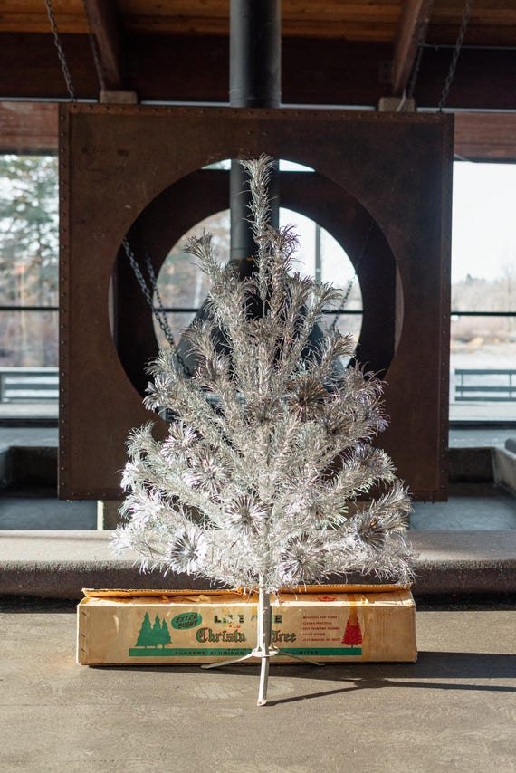 Vintage Canadian 1960 Silver Tinsel 4.5' Christmas Pom Pom Tree by