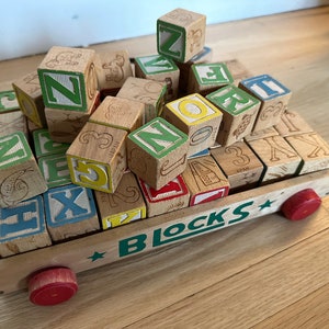 Vintage Wooden Alphabet Blocks (54)Pictures Numbers Letters Animals Blocks JAPAN