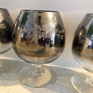 4 Mid Century Modern Silver Fade Brandy Snifter Cognac Balloon Glasses 12 oz