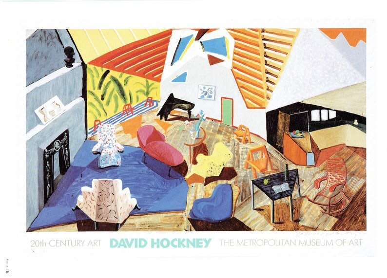 Pu&ograve; includere: Un dipinto colorato di David Hockney intitolato "A Bigger Splash" che rappresenta un interno moderno con mobili, una piscina e una finestra. Il dipinto fa parte della collezione di arte del XX secolo del Metropolitan Museum of Art.