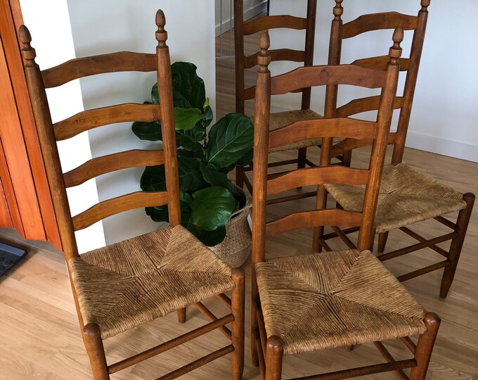 Antique Ladder Back Dining Chairs With Rush Seats in French Country