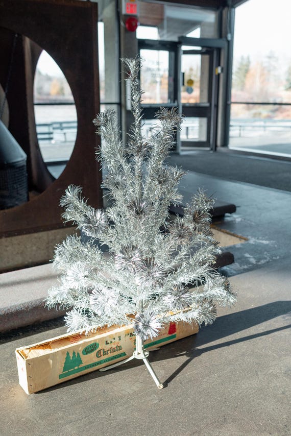 Vintage Canadian 1960 Silver Tinsel 4.5' Christmas Pom Pom Tree by