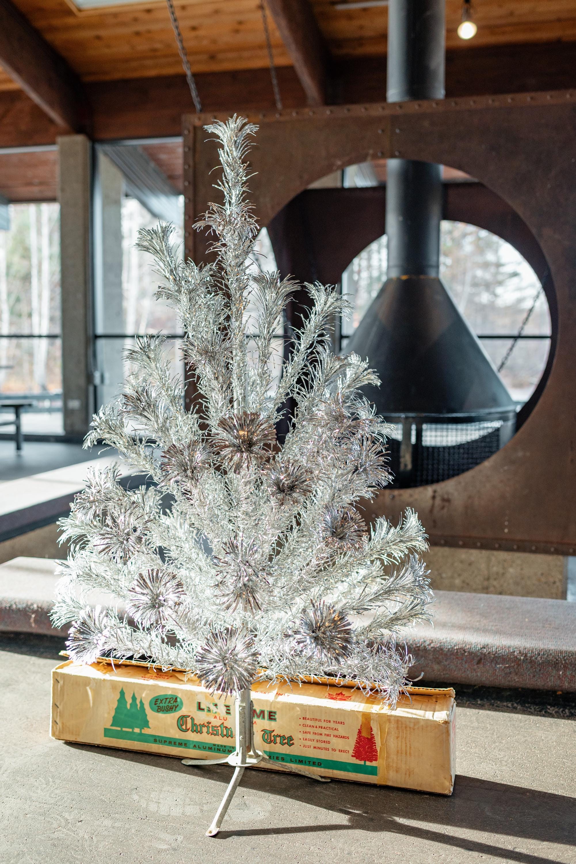 Vintage Canadian 1960 Silver Tinsel 4.5' Christmas Pom Pom Tree by