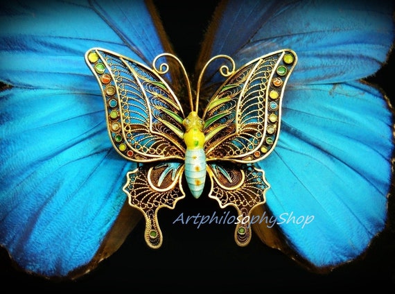 Huge Early 1900's Silver Filigree Enamel Butterfly