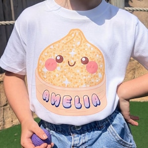 Dumpling Squishy Personalised  T-Shirt, Choose Bao Bun Colour, Front & Back Design, Any Name Cute Birthday Gift for Girl