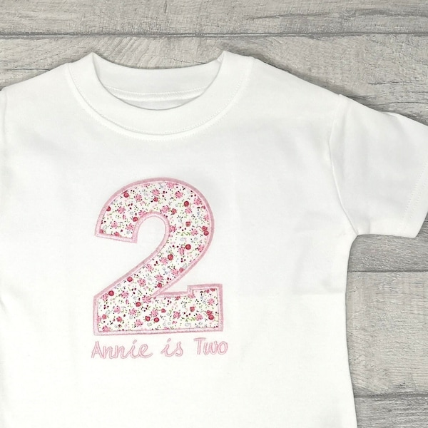 Personalised Pink Floral Applique Second Birthday, Two, 2, 2nd, Top, Vest, Bodysuit, T-Shirt, Jumper, Sleepsuit, , Onesie