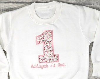 Personalised Pink Floral Applique First Birthday, One, 1, 1st, Top, Vest, Bodysuit, T-Shirt, Jumper, Onesie