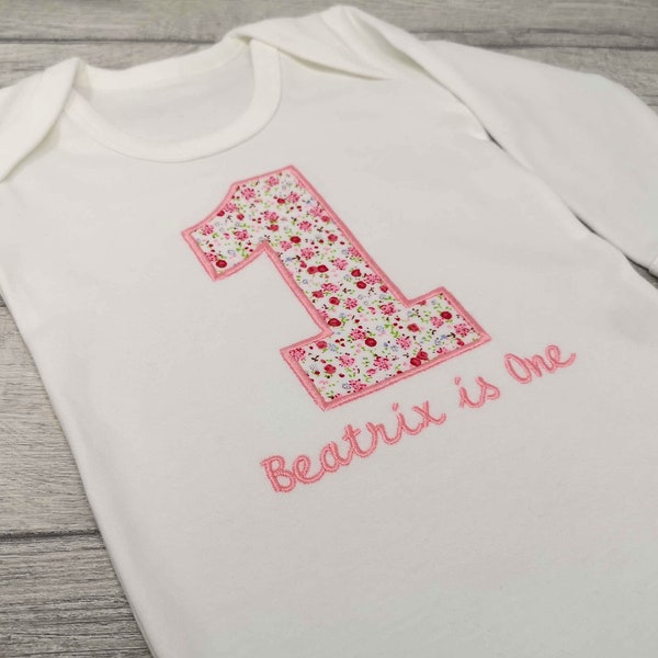 Personalised Pink Floral Applique First Birthday, One, 1, 1st, Top, Vest, Bodysuit, T-Shirt, Jumper