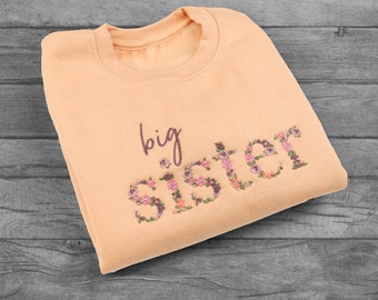 Big Sister Dusky Floral Fall Threads Jumper with Floral Embroidery Big Sister Announcement Sweatshirt, New Sister Jumper Gift, Sibling Gift