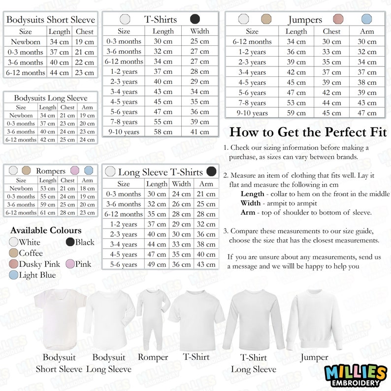 This is an infographic listing all of the sizes of the items, if you need help with sizing you can send a message and we will help.