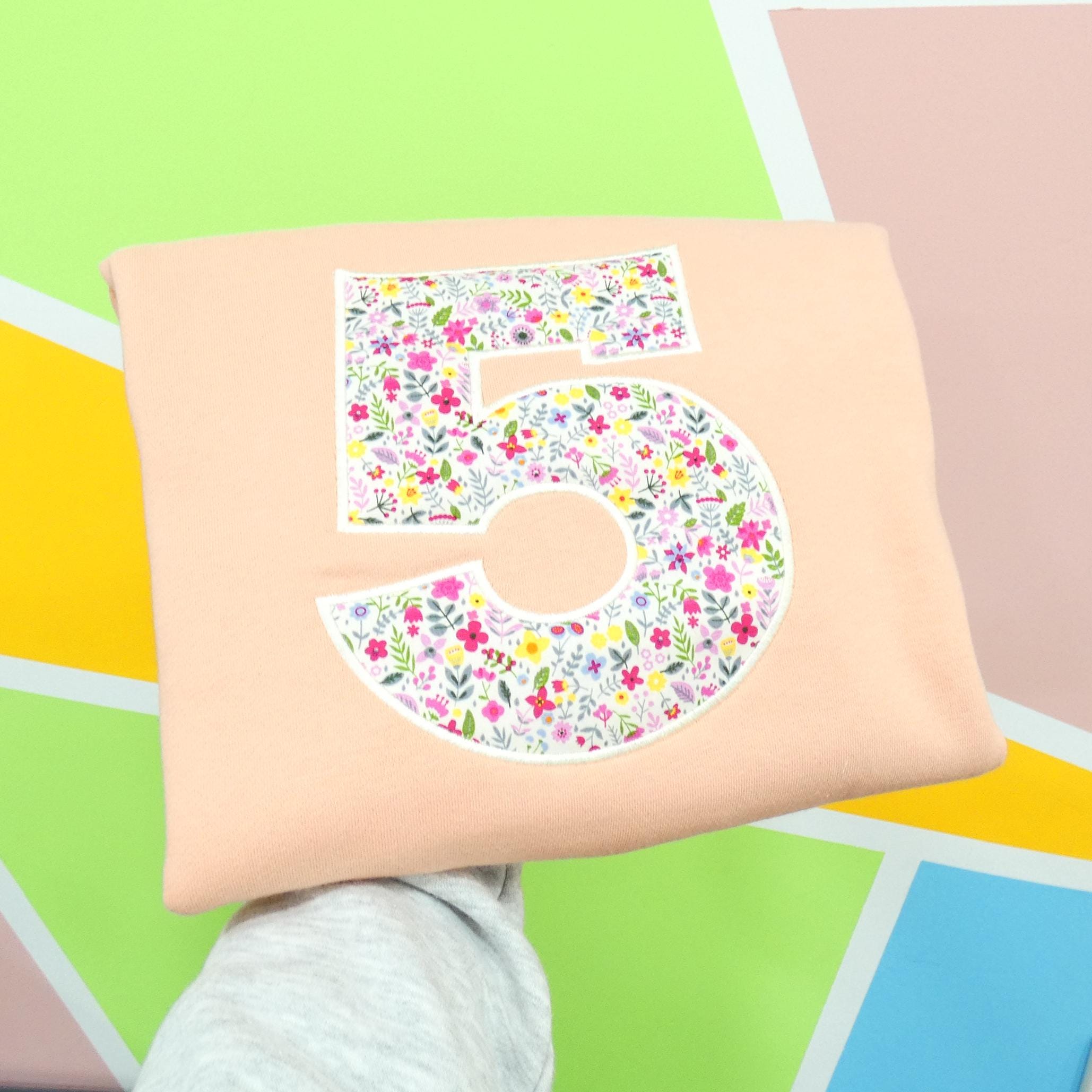 Spring Floral Applique Fifth Birthday, 5, Five, 5th, Top / T-Shirt / Sweatshirt / Jumper, Cute 5th Birthday Floral Applique Top For Girl