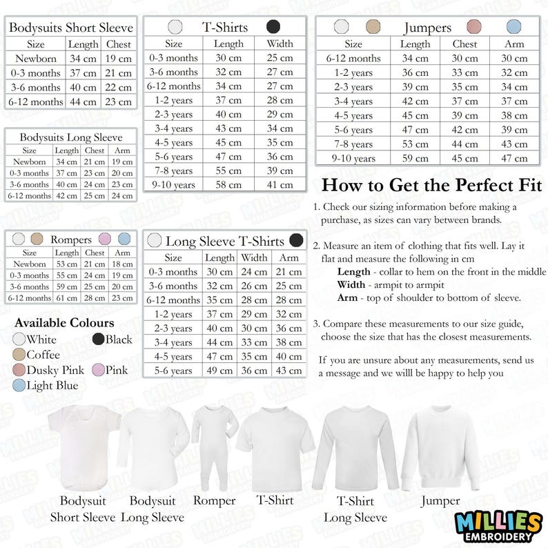 This is an infographic listing all of the sizes of the items, if you need help with sizing you can send a message and we will help.