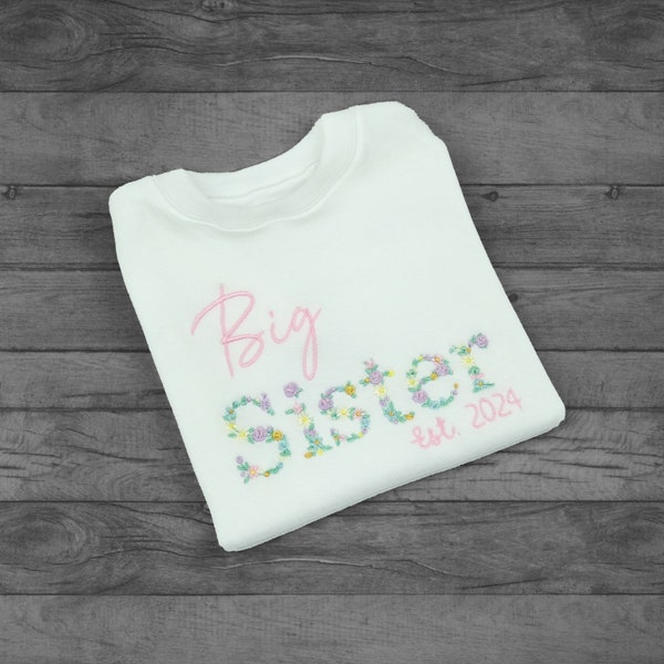 Big Sister Est 2024 Top mit Blumenstickerei Big Sister Ankündigung T-Shirt, neue Schwester Pullover Geschenk, Sibling Geschenk