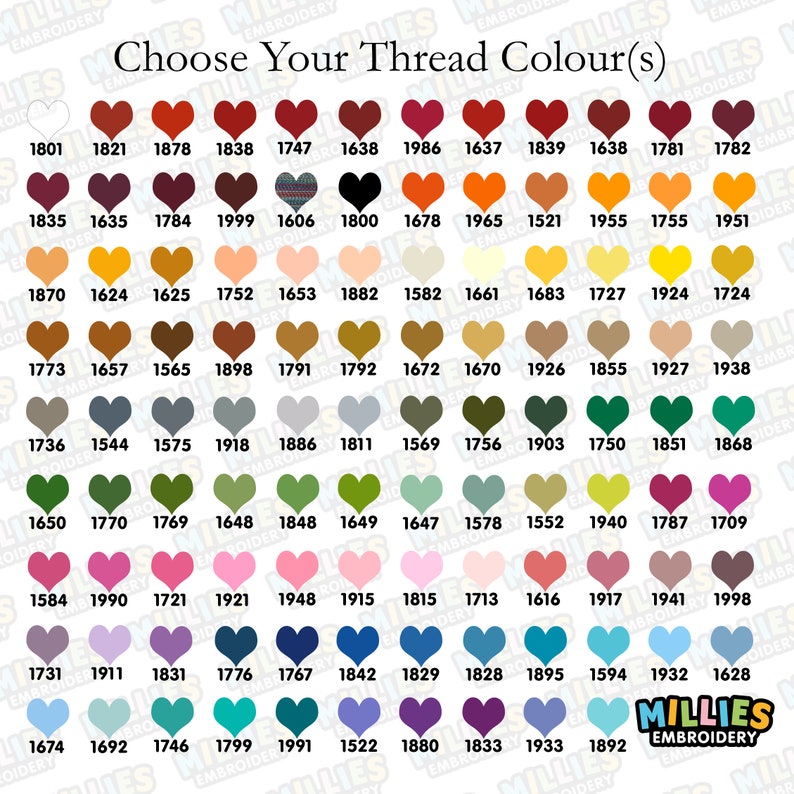Colour chart showing thread colour options and their colour code. Please message us and we can work with you to choose a colour.