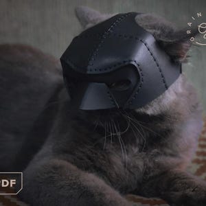 Puede incluir: Un gato gris con una máscara de cuero negro. La máscara está cosida y cubre los ojos y la nariz del gato. El gato está acostado sobre una superficie estampada. La imagen tiene una marca de agua que dice "Rainy Days".