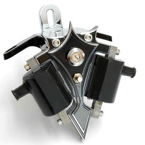 All Black Finish, Harley Gothic Spike Dyna Coil Bracket w/ Top Motor Mount, Switches and Coils USA MADE Fits Evo