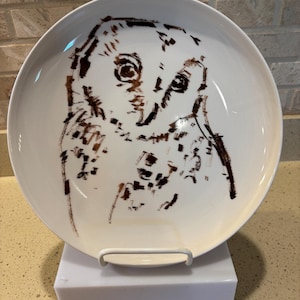 May include: A white ceramic plate featuring a brown sketch of an owl's face. The owl's eyes and facial features are depicted with dark brown lines and shapes. The plate is round and sits on a white stand.