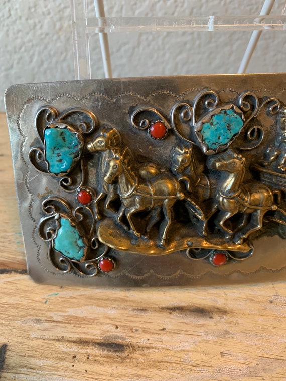 Silver brass Stagecoach Pioneer Western Turquoise… - image 2