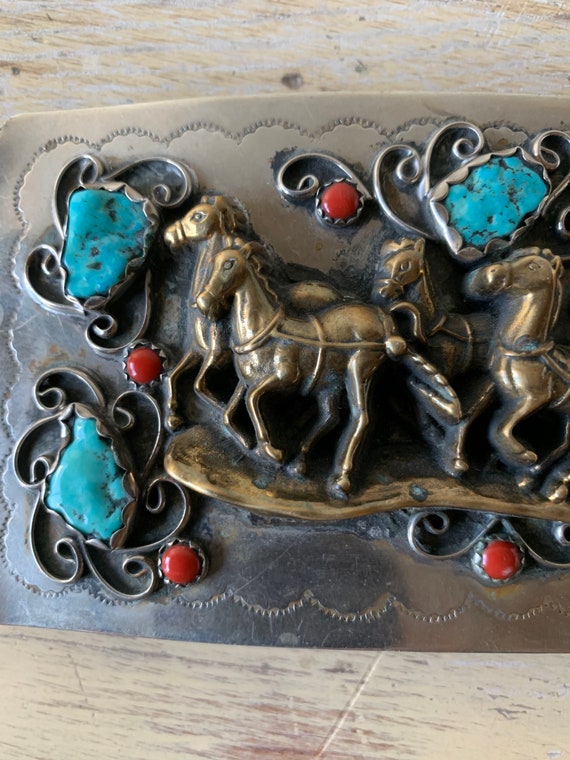 Silver brass Stagecoach Pioneer Western Turquoise… - image 1