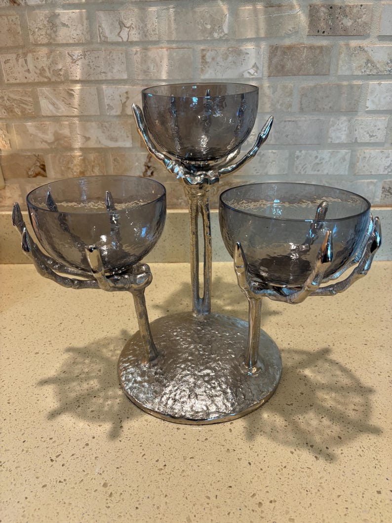 Metal Silver Skeleton Hand Triple Condiment Candy Server Stand