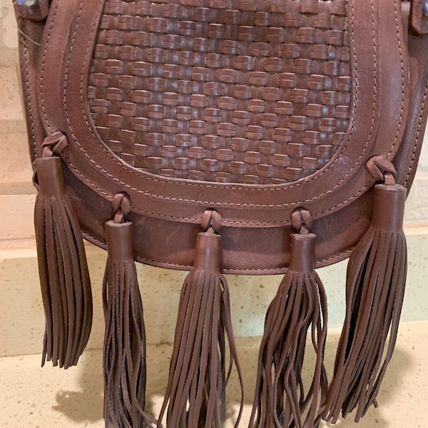 BCBG  Maxazria  brown Leather Woven Crossbody Chloe bag With Tassels /Fringe NEW