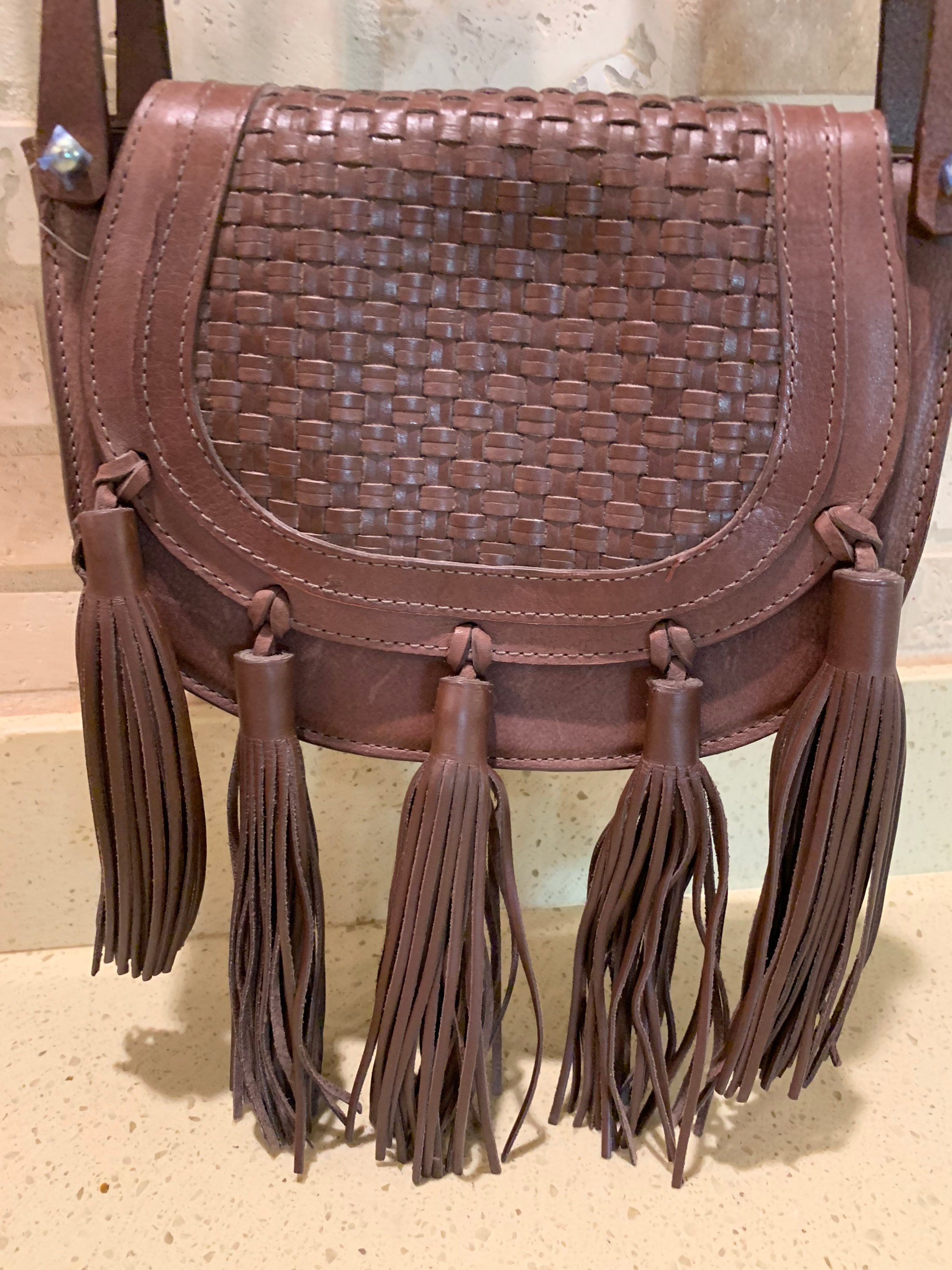 BCBG Maxazria Brown Leather Woven Crossbody Chloe Bag With Tassels 