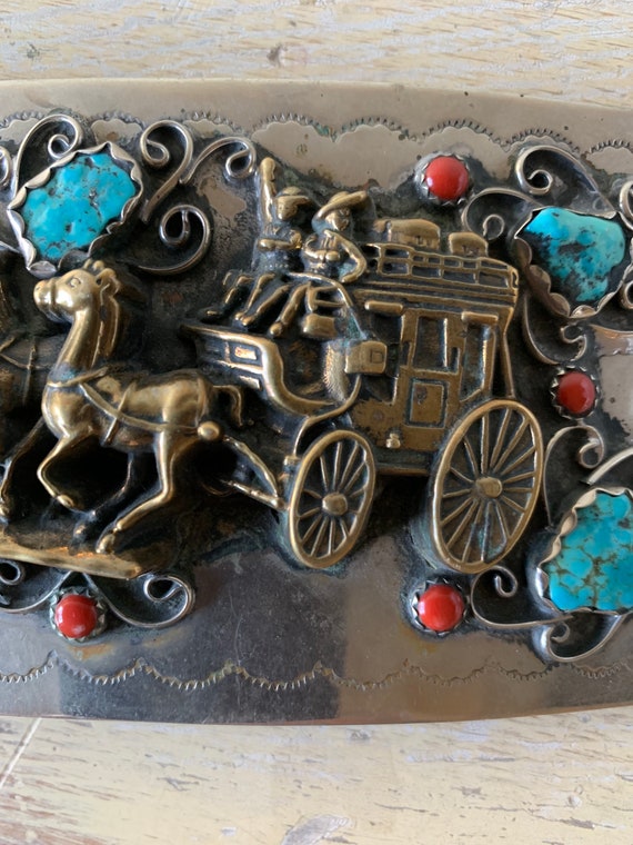 Silver brass Stagecoach Pioneer Western Turquoise… - image 6