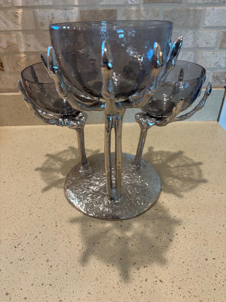 Metal Silver Skeleton Hand Triple Condiment Candy Server Stand - Thumbnail 4