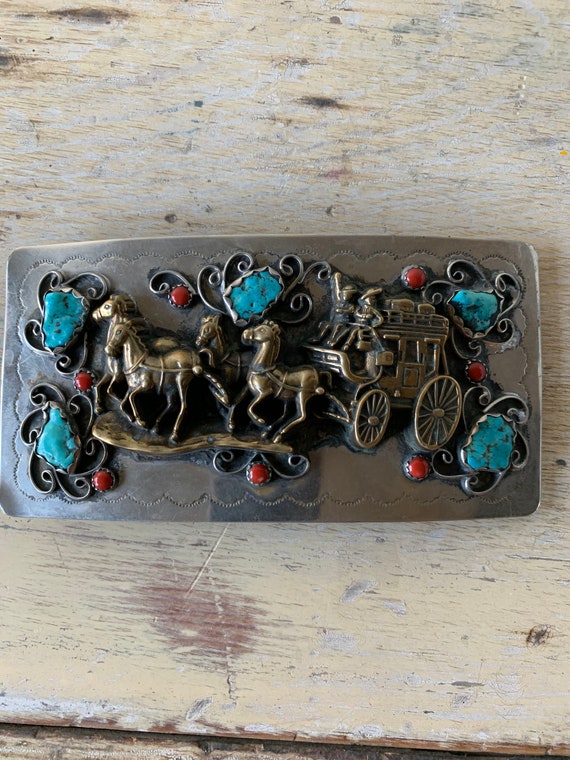 Silver brass Stagecoach Pioneer Western Turquoise… - image 4