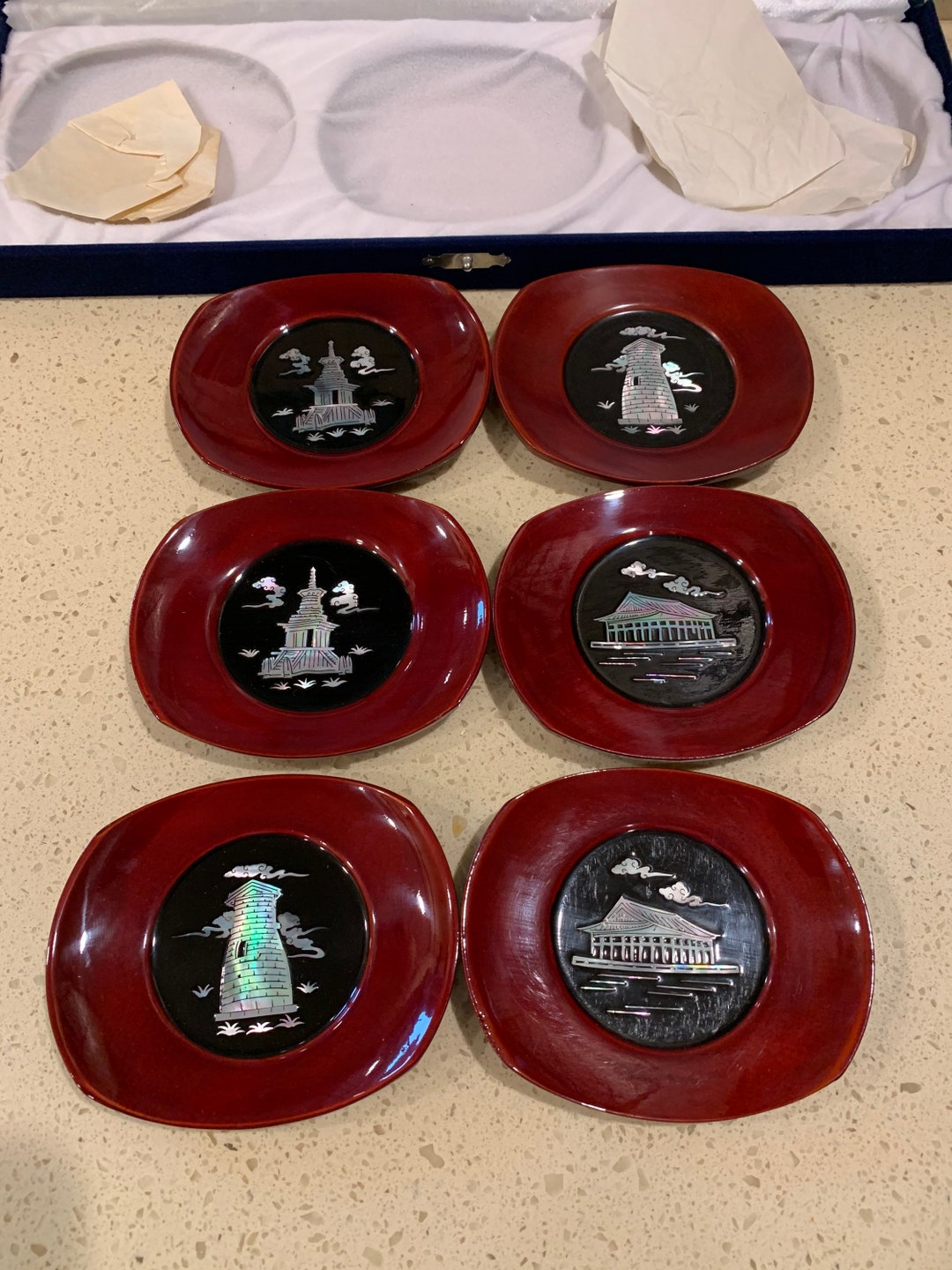 Fine Korean Lacquer Ware Wood Coasters Mother of Pearl Inlay Coasters